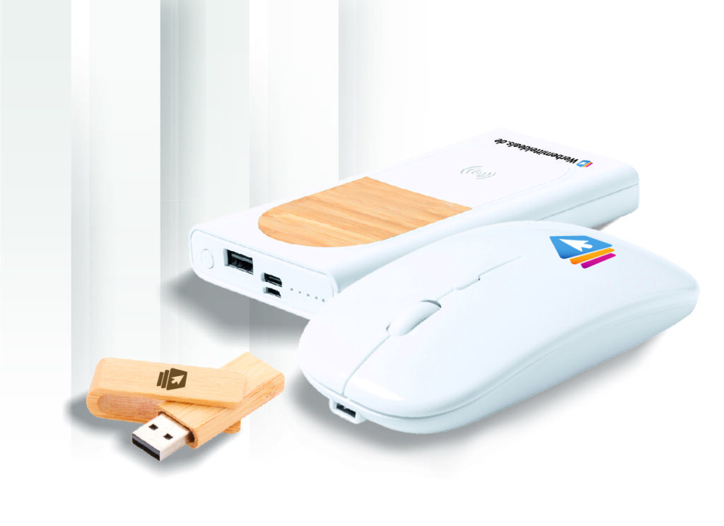 Powerbank, Maus und USB-Stick aus Holz mit Logo